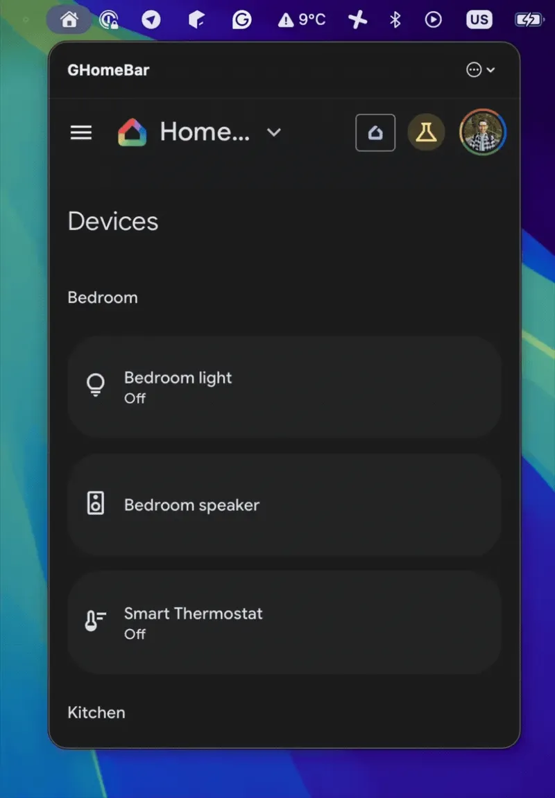 GHomeBar menubar app preview