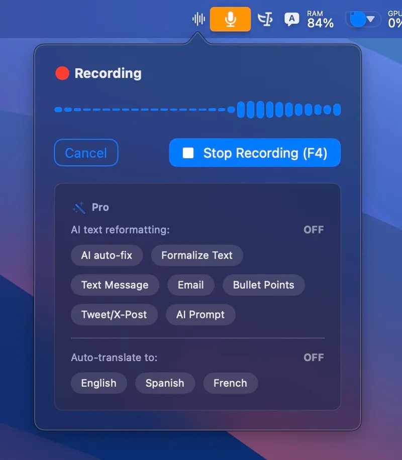 MiniWhisper menubar app preview