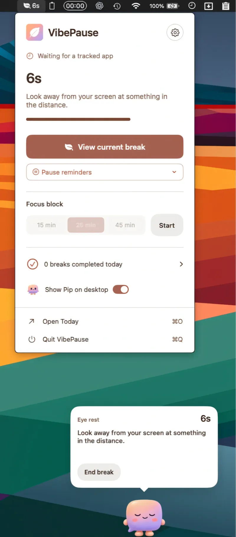 VibePause menubar app preview