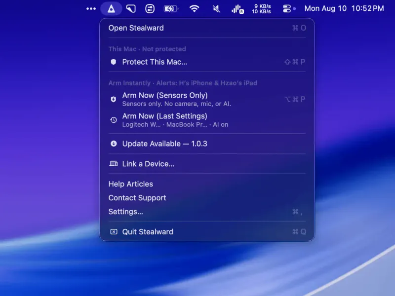 Stealward menubar app preview