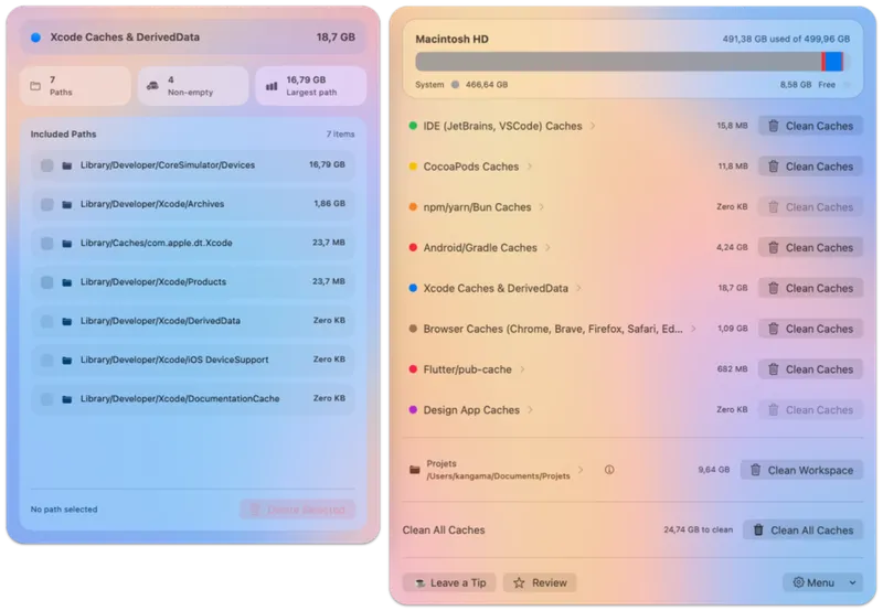 DevCacheCleaner menubar app preview
