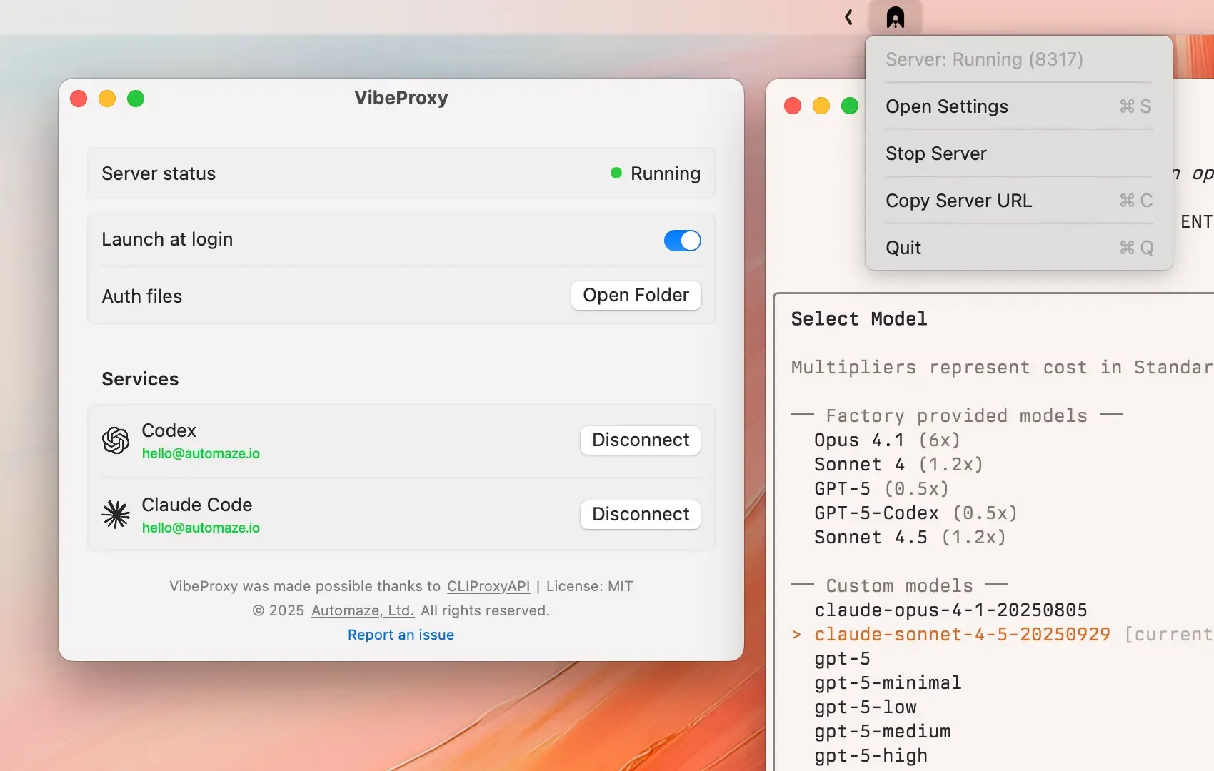 VibeProxy screenshot showing the app interface