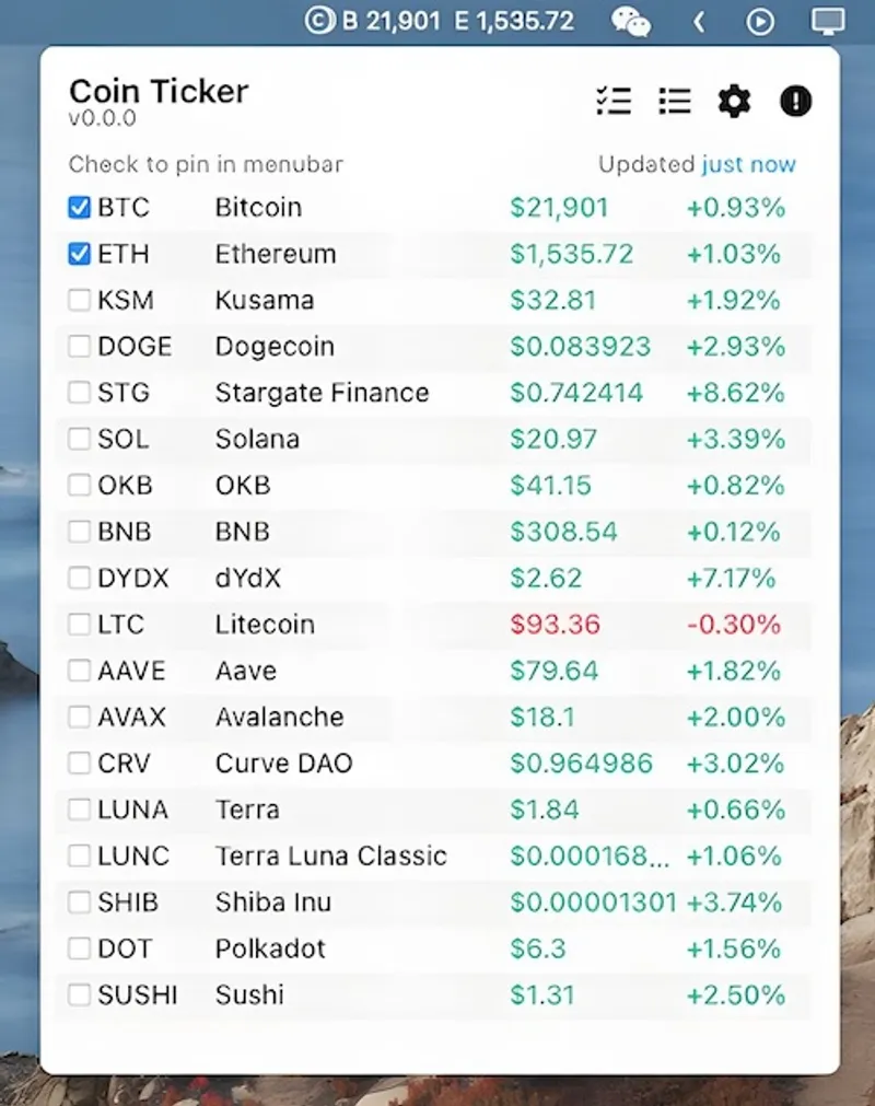 Coin Ticker menubar app preview