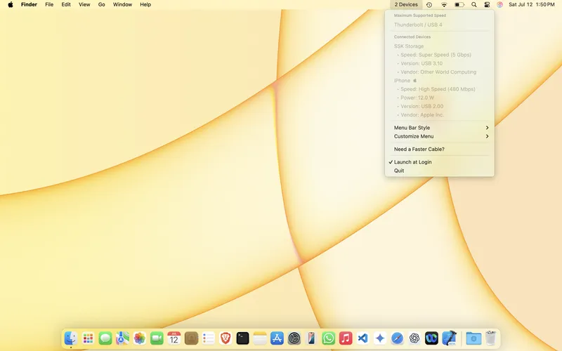 USB Connection Information menubar app preview