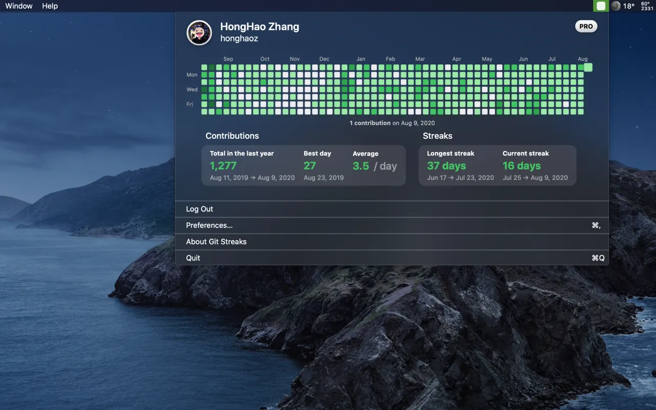 Git Streaks screenshot showing the app interface