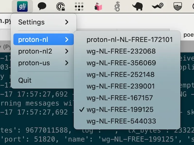 Glinet Wireguard menubar app preview