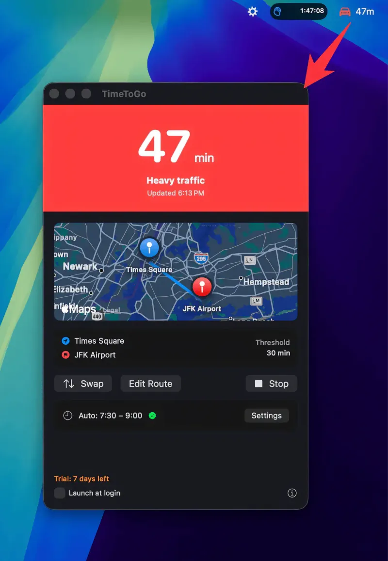 TimeToGo menubar app preview