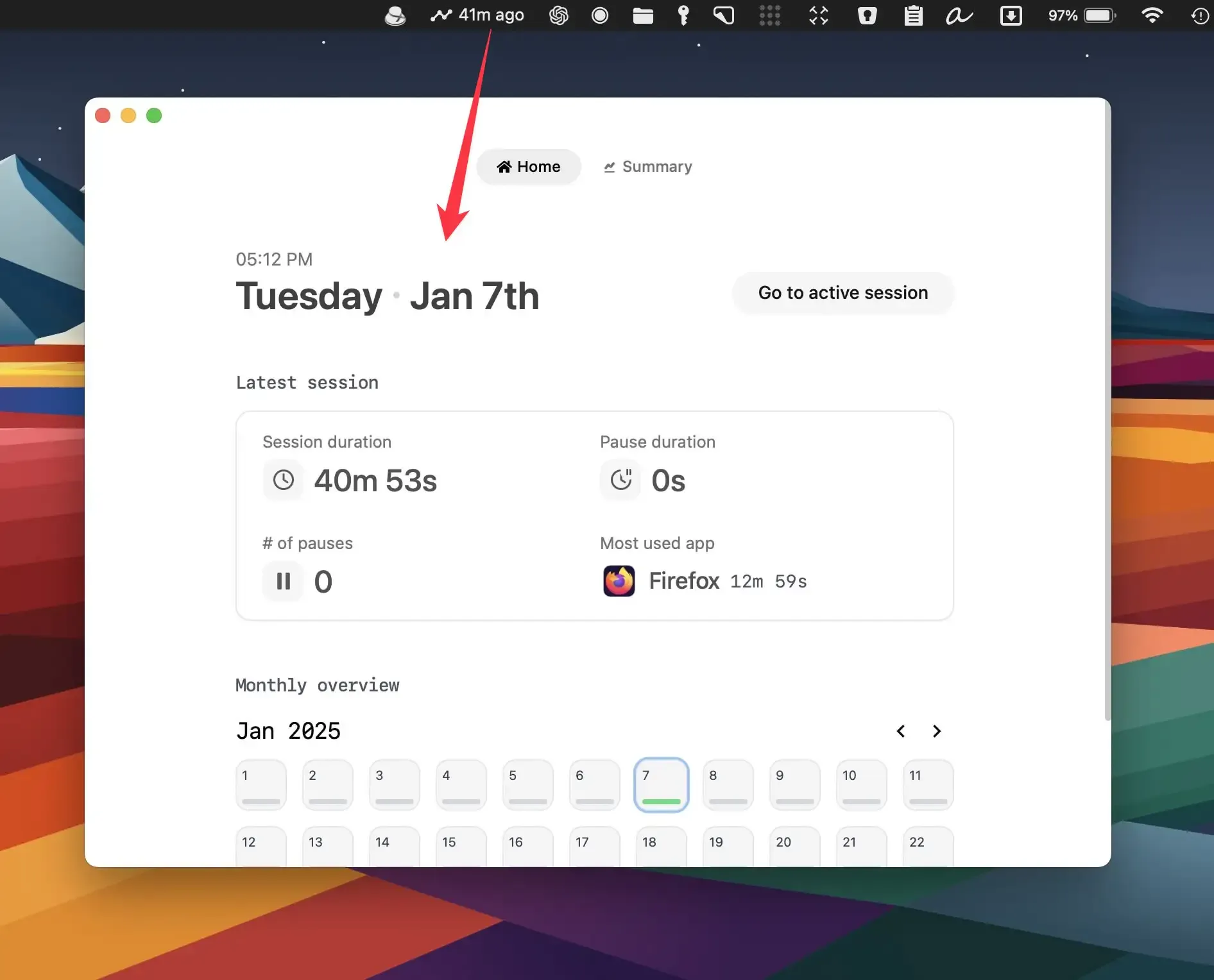 Trace screenshot showing the app interface