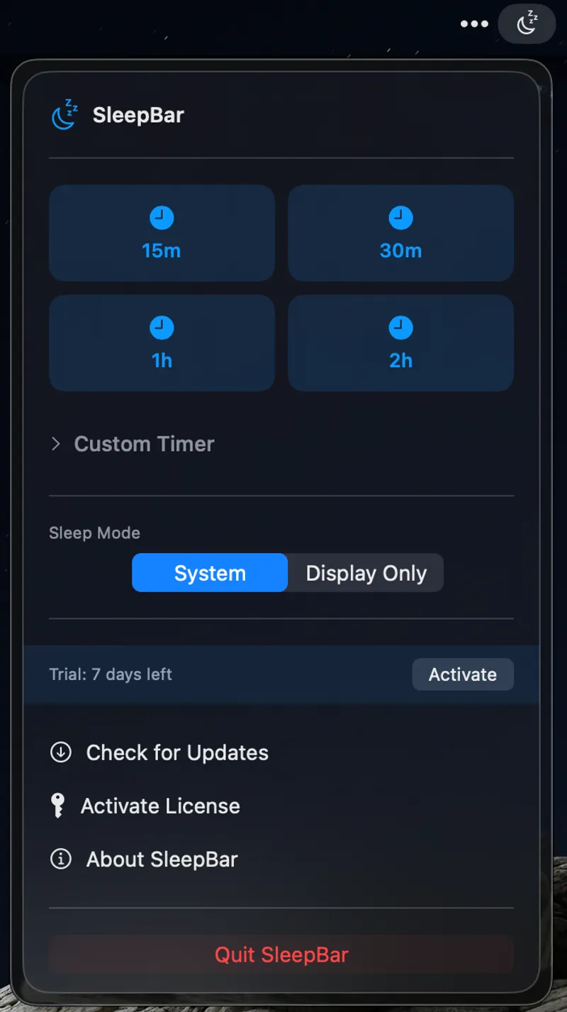 SleepBar menubar app preview