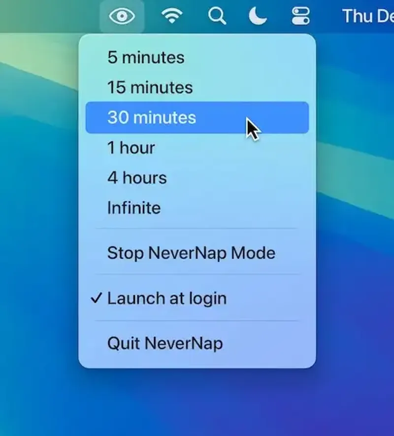 NeverNap menubar app preview
