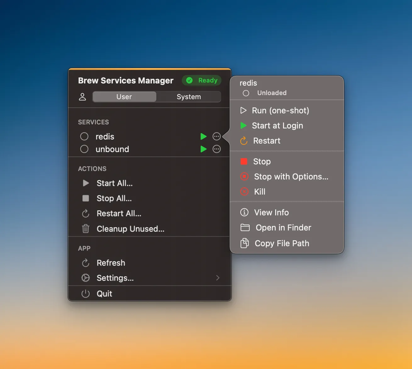 BrewServicesManager screenshot showing the app interface