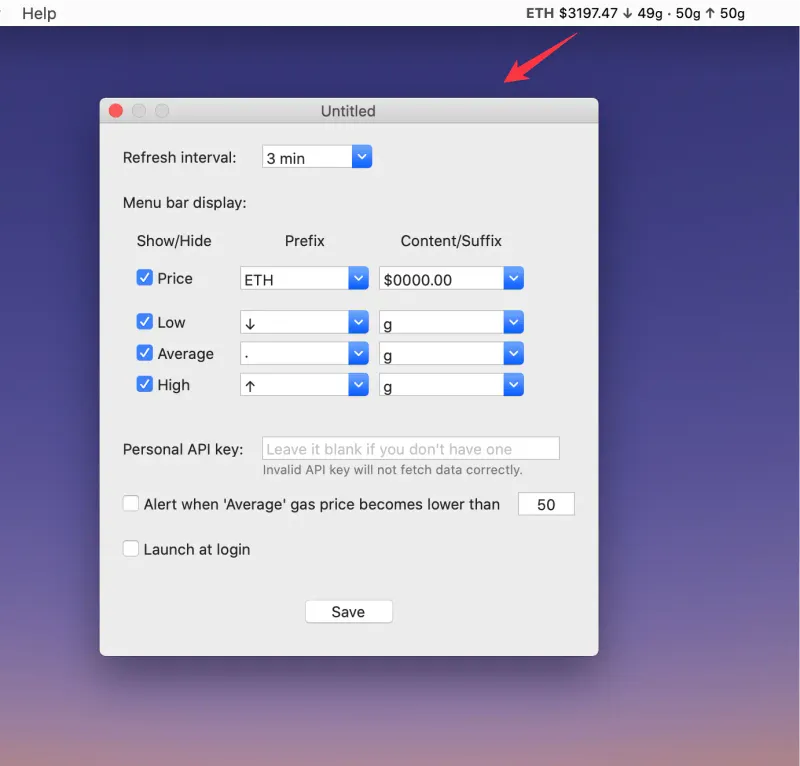 Ethereum Gas Bar with Alert menubar app preview