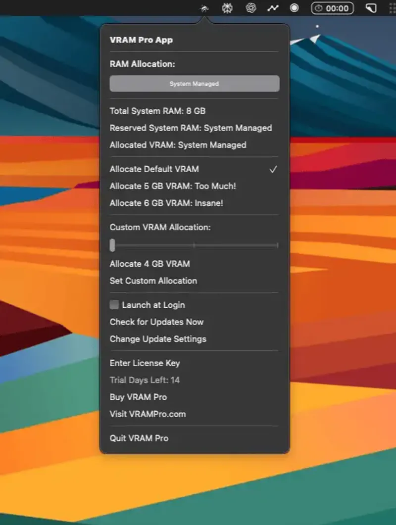 VRAM Pro menubar app preview