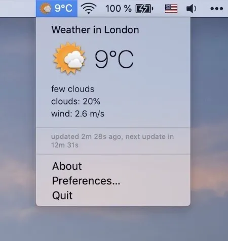 Weather for Status Bar screenshot showing the app interface
