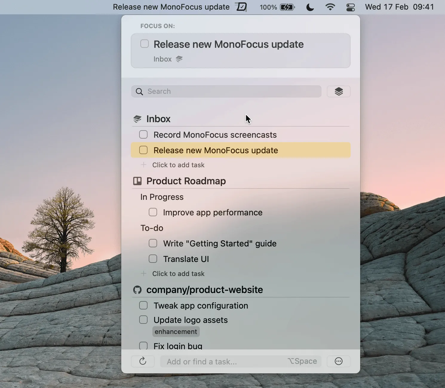 MonoFocus screenshot showing the app interface