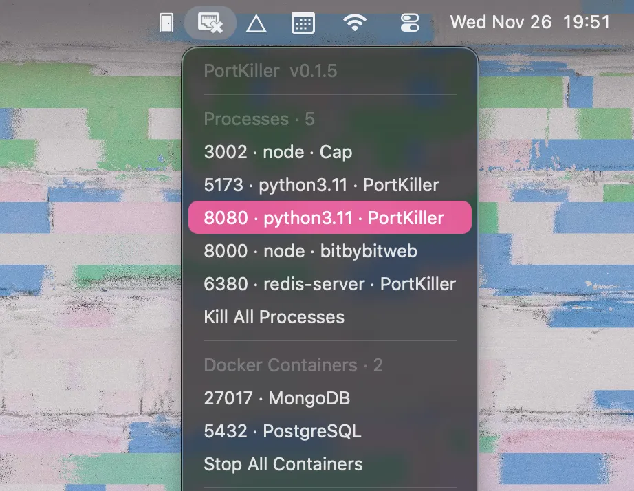 PortKiller screenshot showing the app interface