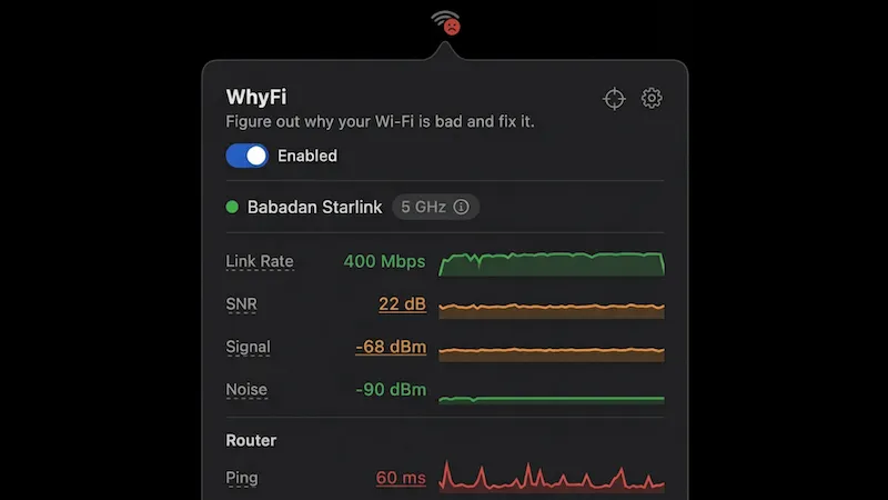 WhyFi screenshot showing the app interface