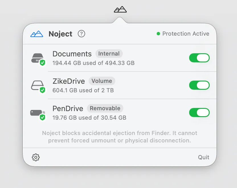 Noject screenshot showing the app interface