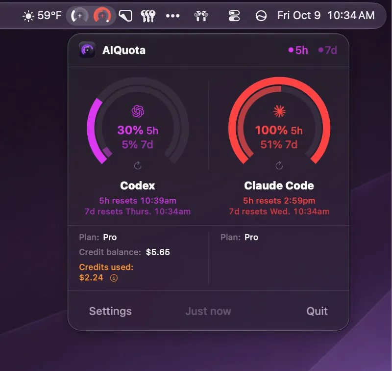AIQuota menubar app preview