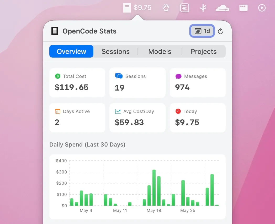 OpenCode Stats screenshot showing the app interface