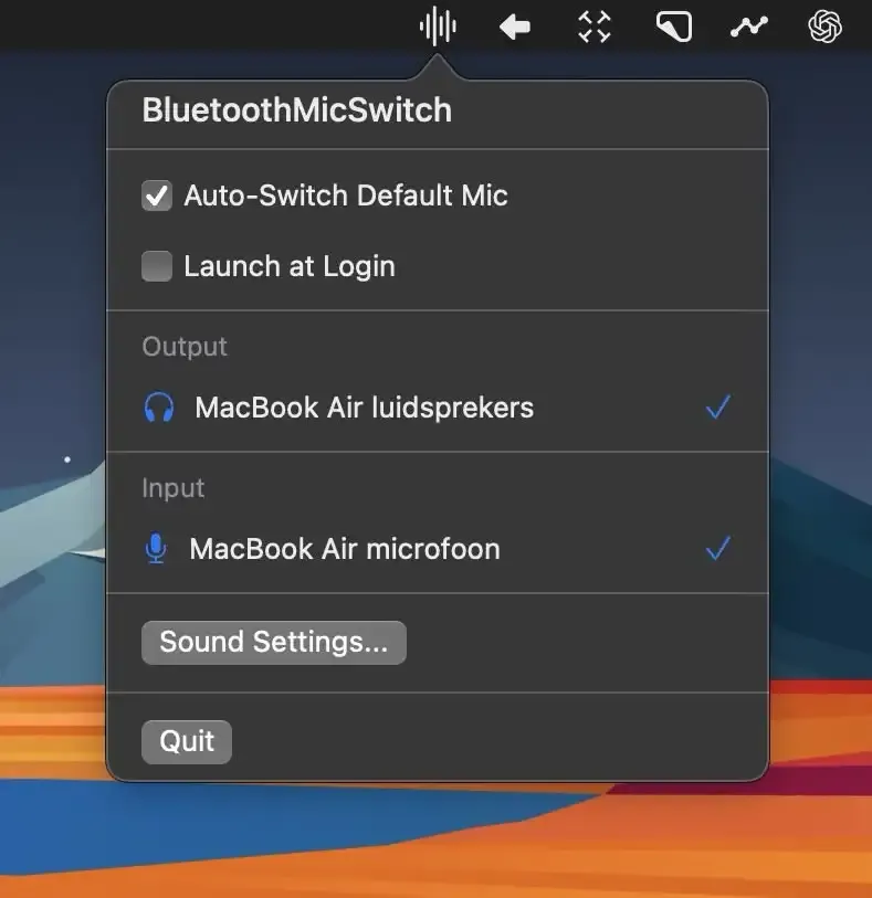 Bluetooth Mic Switch screenshot showing the app interface