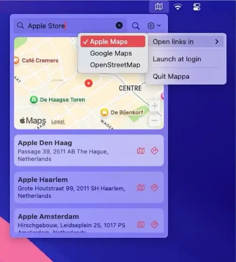 Mappa Mini menubar app preview