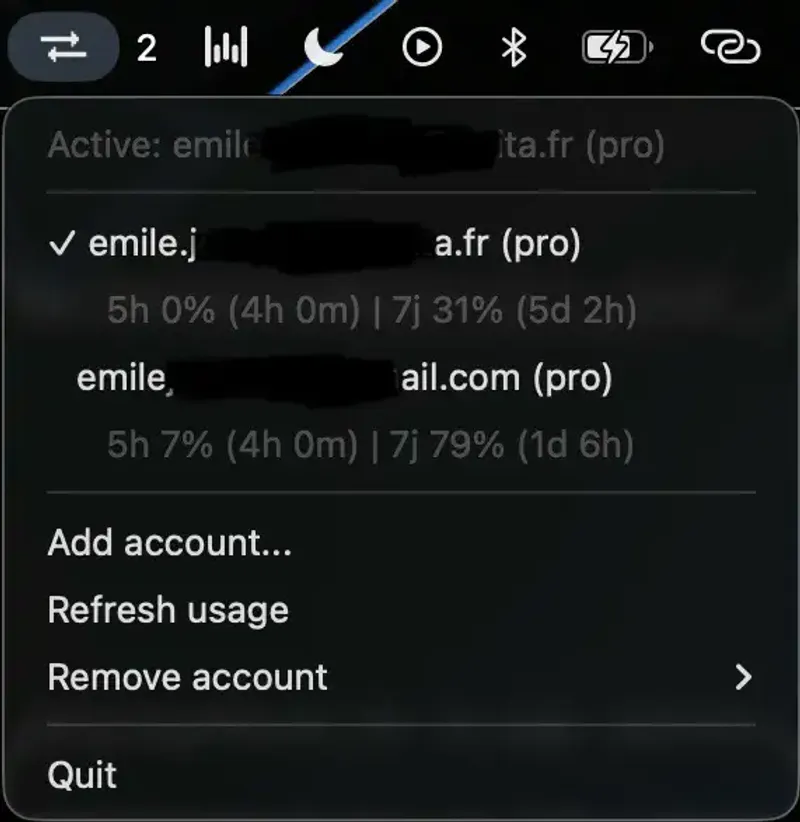Claude Account Switcher menubar app preview